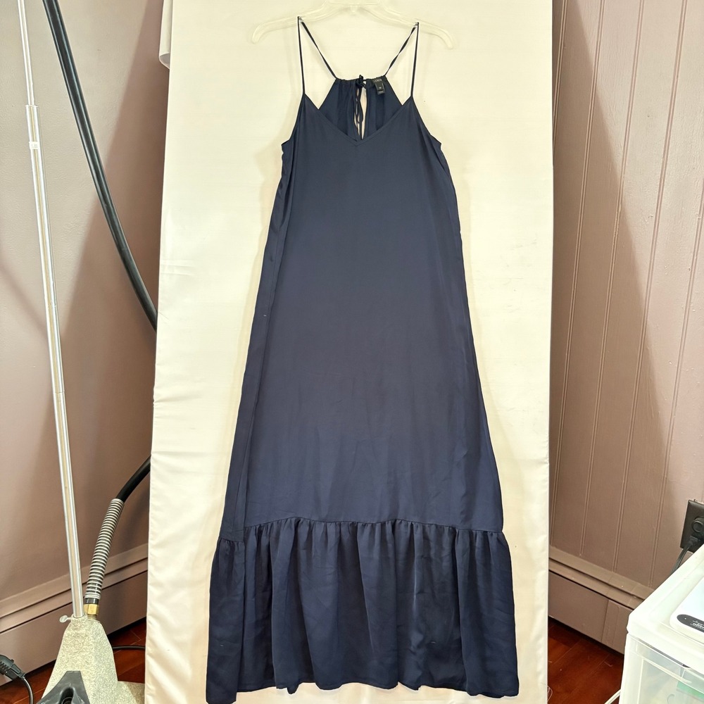 J.Crew Navy Blue Halter Maxi Dress XS Tassel Tie Keyhole Back Tiered Flounce Hem